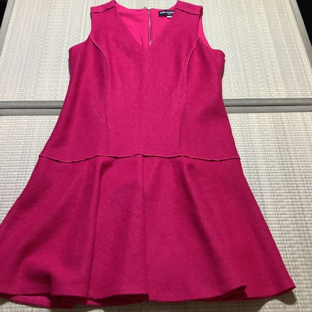 KARL LAGERFELD Wool Blend V-Neck Sleeveless Drop Waist Boucle Dress Size 14